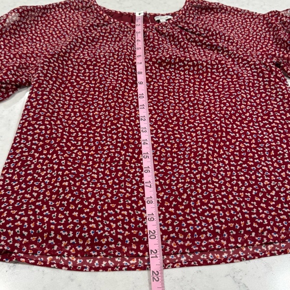 Madewell Women's Burgundy Floral Chiffon Top Short Sleeve Dress Shirt Lined - Picture 11 of 12